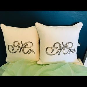 Set of Two 13” White Pillows “Mr. and Mrs.”
